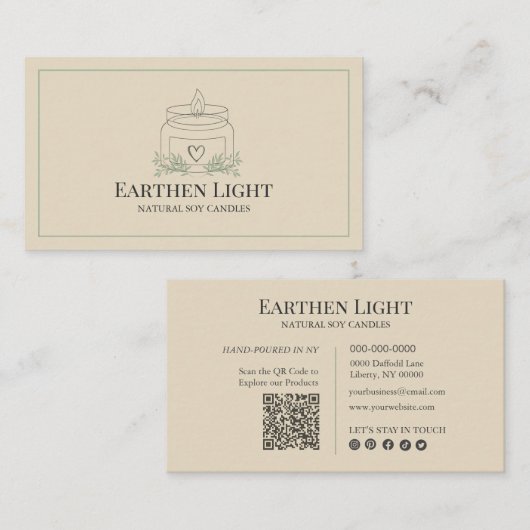 Minimalistische und moderne Kerzen-Botanik-QR-Code Visitenkarte (Vorne/Hinten)