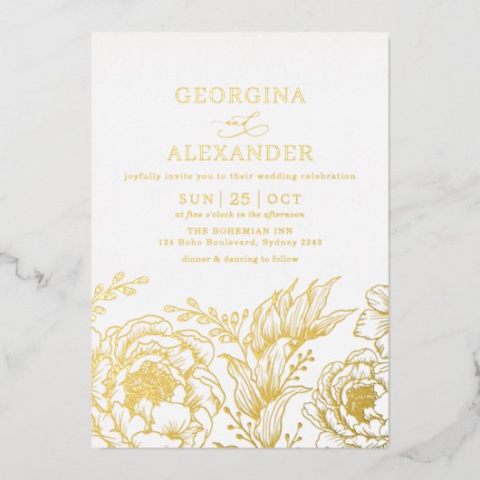 Minimalistische Vintage Botanicals-Hochzeit Folieneinladung (Vorderseite)