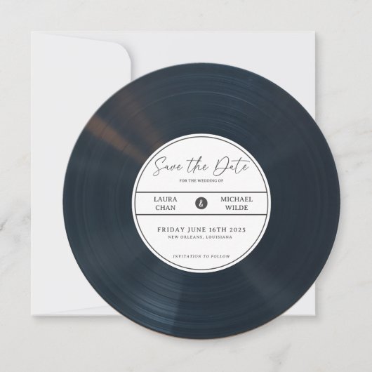 Minimalistische Vinyl-Aufnahme Save the Date mit F Einladung (Vorderseite)