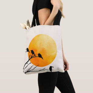 Minimalistische Vögel auf einem Ast mit orangener Tasche