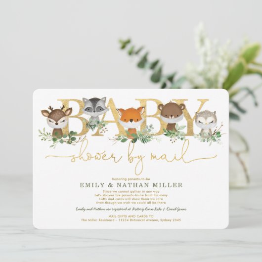 Minimalistische Waldgrün Kinderdusche per Post Einladung (Stehend Vorderseite)