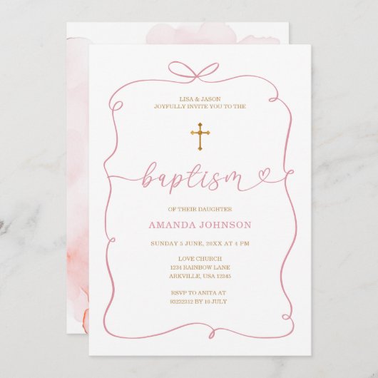 Minimalistische Wasserfarbe Girl Christening Taufe Einladung (Vorne/Hinten)