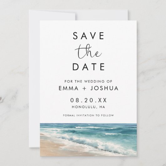 Minimalistische Wasserfarbe Strand Ziel Hochzeit Save The Date (Vorderseite)