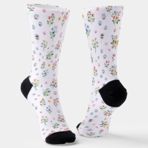 Minimalistische Wasserfarben-Blumen und Pfotenabdr Socken