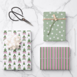 Minimalistische Weihnachten in Rosa und Grün Geschenkpapier Set