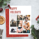 Minimalistische Weihnachtsfamilienfoto Collage Feiertagskarte<br><div class="desc">Diese wunderschöne Weihnachtskarte aus dem Foto "Happy Holidays" bietet Ihnen einen Ort, wo Sie Ihre Namen hinzufügen können, und eine Nachricht auf der Rückseite in eleganter Typografie, sowie Platz für Ihre eigene Foto-Montage (mit Platz für sieben Fotos). Die Rückseite ist mit einem modernen, roten Weihnachtsbaummuster versehen, das die Karte schön...</div>