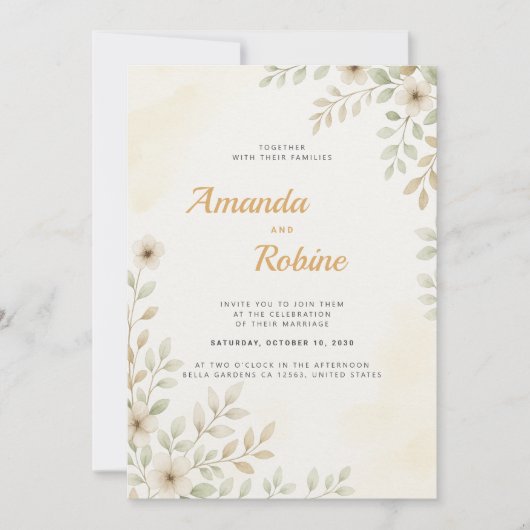 Minimalistische Weiße Blume & Grüne Hochzeit Einladung (Vorderseite)