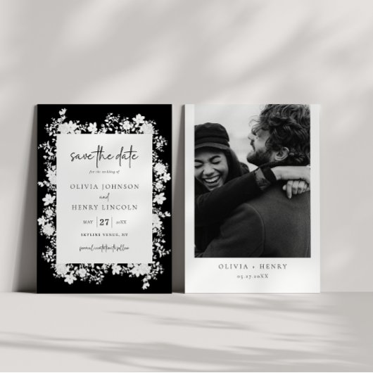 Minimalistische weiße, florale Save the Date Fotok Einladung