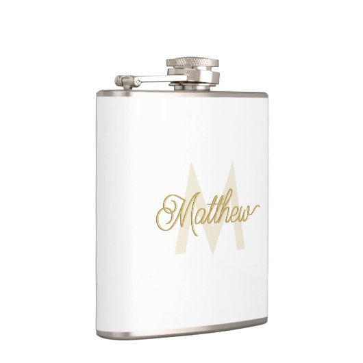 Minimalistische weiße Gold-Add-Name und Monogram-M Flachmann (Rechts)