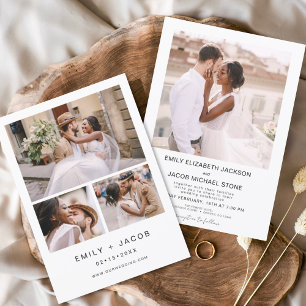 Minimalistische Weiße Hochzeit Elegantes Vier-Foto Einladung