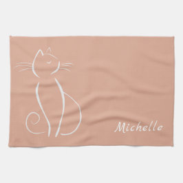 Minimalistische weiße Katze auf rosa Name hinzufüg Geschirrtuch