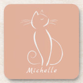 Minimalistische weiße Katze auf rosa Name hinzufüg Getränkeuntersetzer (Vorderseite)