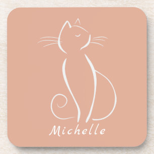 Minimalistische weiße Katze auf rosa Name hinzufüg Getränkeuntersetzer