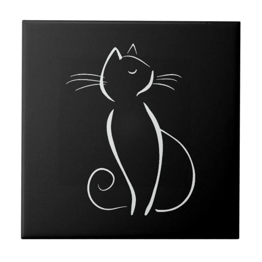 Minimalistische weiße Katze auf schwarz Fliese (Vorderseite)