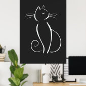Minimalistische weiße Katze auf schwarz Poster (Heimbüro)