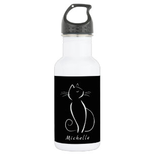 Minimalistische weiße Katze auf schwarzem Hintergr Edelstahlflasche