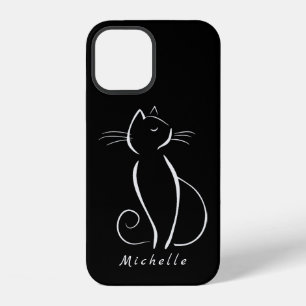Minimalistische weiße Katze auf schwarzem Hintergr iPhone 12 Hülle