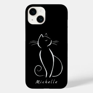Minimalistische weiße Katze auf schwarzem Namen Case-Mate iPhone 14 Hülle
