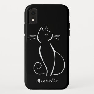 Minimalistische weiße Katze auf schwarzem Namen Case-Mate iPhone Hülle