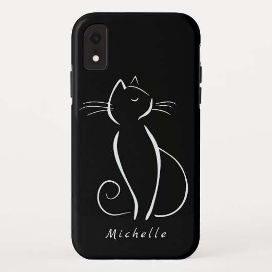 Minimalistische weiße Katze auf schwarzem Namen Case-Mate iPhone Hülle (Rückseite)
