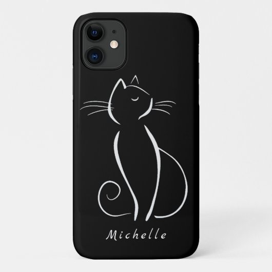 Minimalistische weiße Katze auf schwarzem Namen Case-Mate iPhone Hülle (Rückseite)