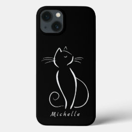 Minimalistische weiße Katze auf schwarzem Namen Case-Mate iPhone Hülle