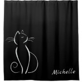 Minimalistische weiße Katze auf schwarzem Namen Duschvorhang (Vorderseite)