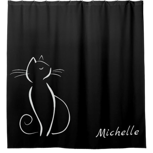 Minimalistische weiße Katze auf schwarzem Namen Duschvorhang (Vorderseite)