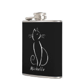 Minimalistische weiße Katze auf schwarzem Namen Flachmann (Links)