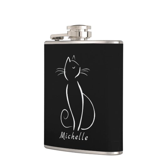 Minimalistische weiße Katze auf schwarzem Namen Flachmann (Links)