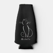 Minimalistische weiße Katze auf schwarzem Namen Flaschenkühler (Vorderseite)