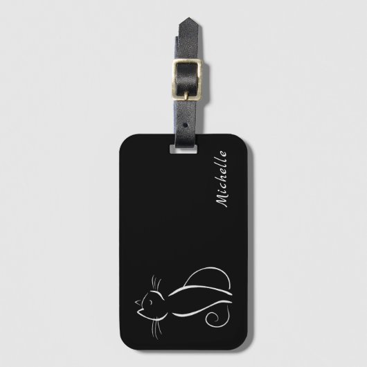 Minimalistische weiße Katze auf schwarzem Namen Gepäckanhänger (Vorderseite Vertikal)
