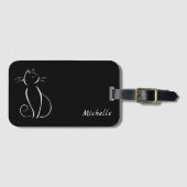 Minimalistische weiße Katze auf schwarzem Namen Gepäckanhänger (Vorderseite (Horizontal))
