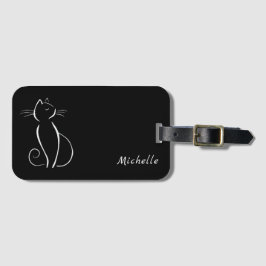 Minimalistische weiße Katze auf schwarzem Namen Gepäckanhänger