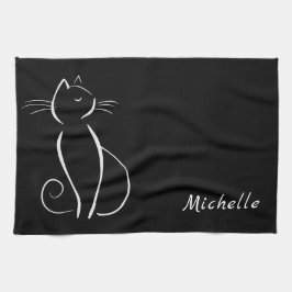 Minimalistische weiße Katze auf schwarzem Namen Geschirrtuch