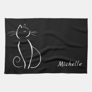 Minimalistische weiße Katze auf schwarzem Namen Geschirrtuch