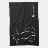Minimalistische weiße Katze auf schwarzem Namen Geschirrtuch (Vertikal)