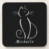Minimalistische weiße Katze auf schwarzem Namen Getränkeuntersetzer (Vorderseite)