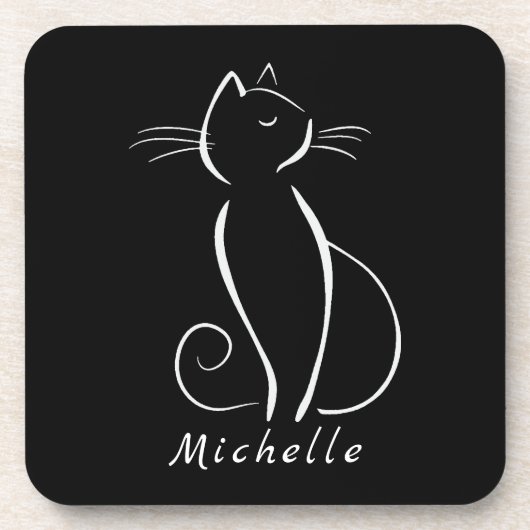 Minimalistische weiße Katze auf schwarzem Namen Getränkeuntersetzer (Vorderseite)