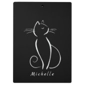 Minimalistische weiße Katze auf schwarzem Namen Klemmbrett (Rückseite)