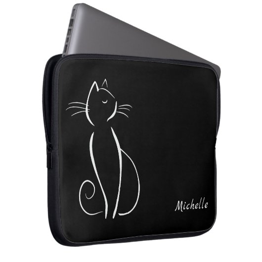 Minimalistische weiße Katze auf schwarzem Namen Laptopschutzhülle (Vorne Rechts)