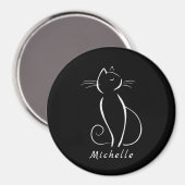 Minimalistische weiße Katze auf schwarzem Namen Magnet (Vorderseite/Rückseite)