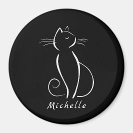 Minimalistische weiße Katze auf schwarzem Namen Magnet