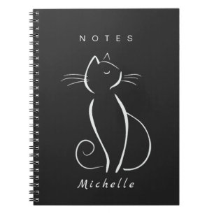 Minimalistische weiße Katze auf schwarzem Namen Notizblock