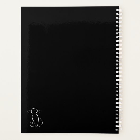 Minimalistische weiße Katze auf schwarzem Namen Planer (Rückseite)