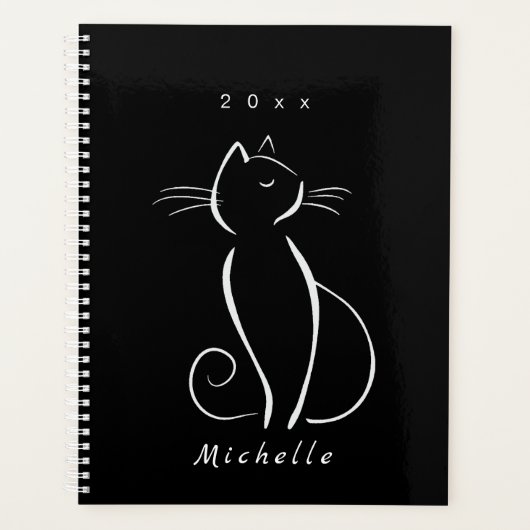 Minimalistische weiße Katze auf schwarzem Namen Planer (Vorderseite)