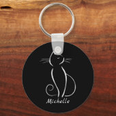 Minimalistische weiße Katze auf schwarzem Namen Schlüsselanhänger (Vorderseite)