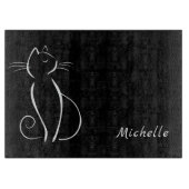 Minimalistische weiße Katze auf schwarzem Namen Schneidebrett (Vorderseite)