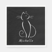 Minimalistische weiße Katze auf schwarzem Namen Serviette (Vorderseite)