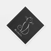 Minimalistische weiße Katze auf schwarzem Namen Serviette (Ecke)